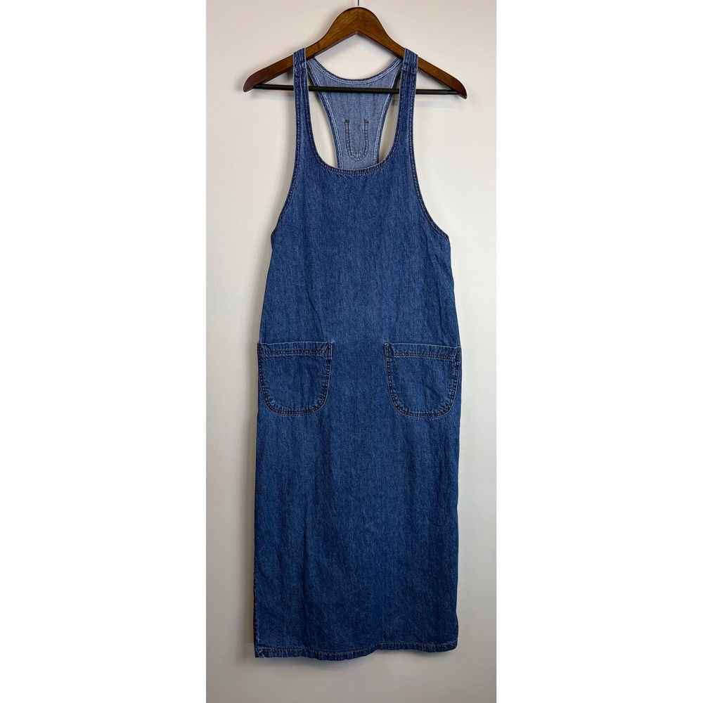 Vintage 80s Riveted Lee Denim Overall Jumper Dress Small Blue Midi Racerback